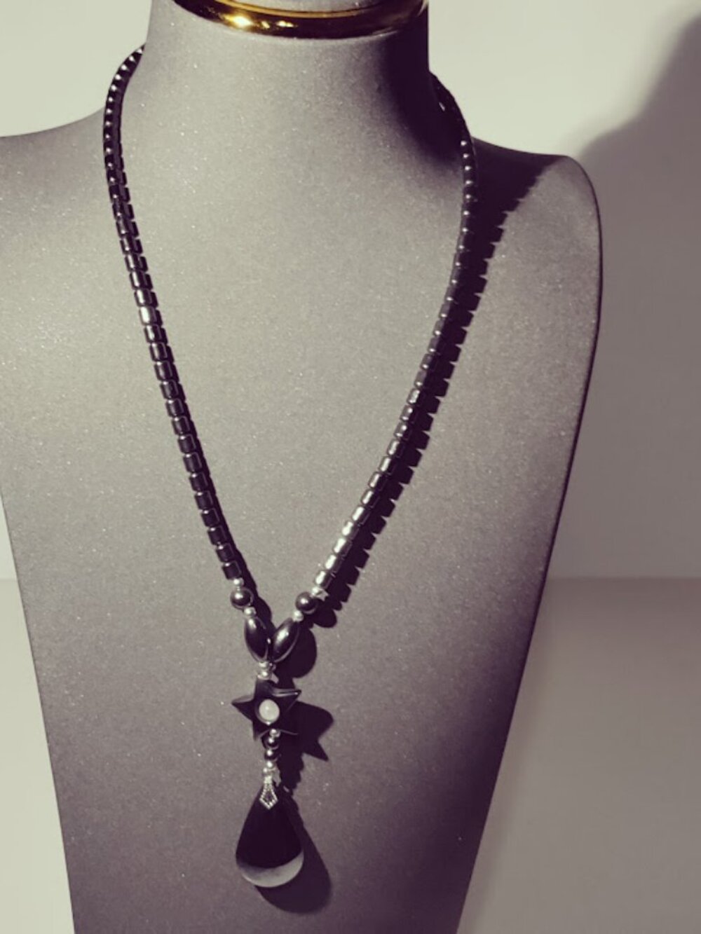 Black Hematite Look Star Teardrop Pendant Necklace